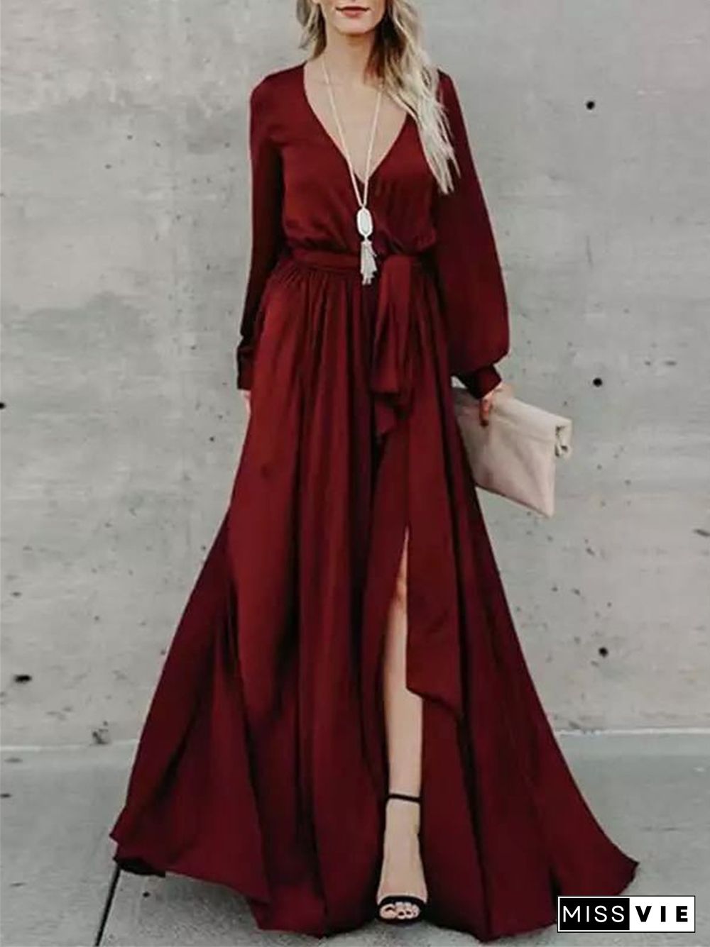 Solid  Color Sexy V-neck Long Sleeve Dress