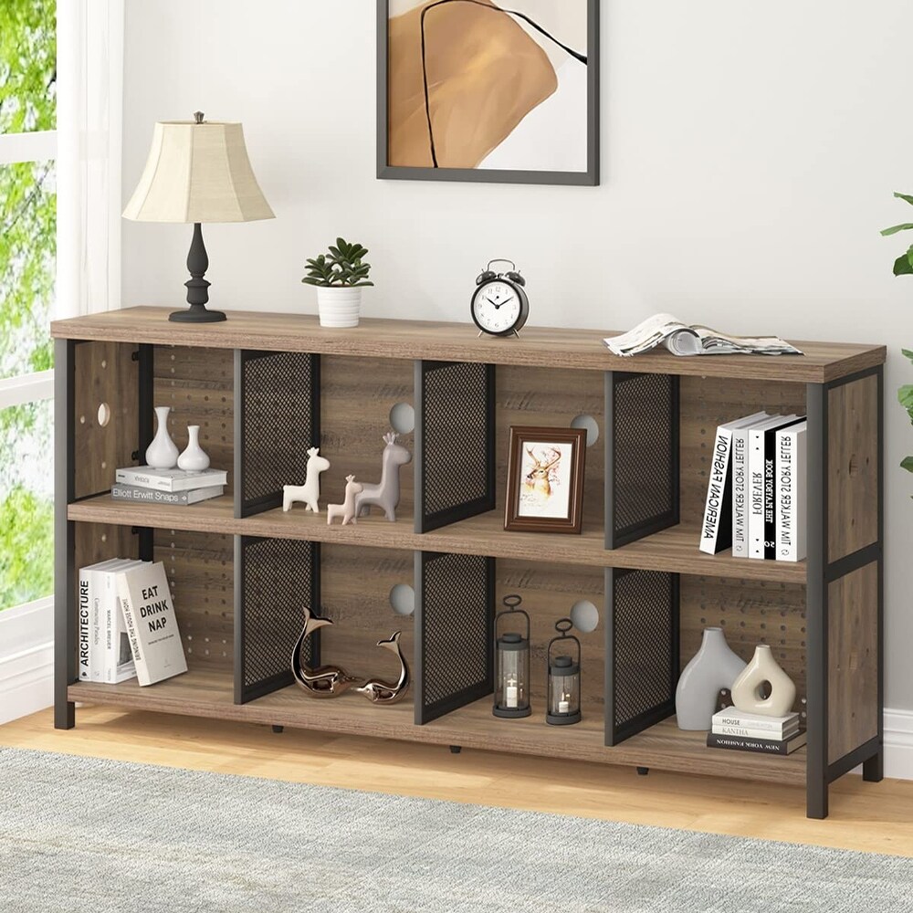 Industrial Horizontal Bookshelf  4 5 6 7 8 Cube Storage Organizer Bookcase  Modern Wide Large Book Shelf for Bedroom Living Room