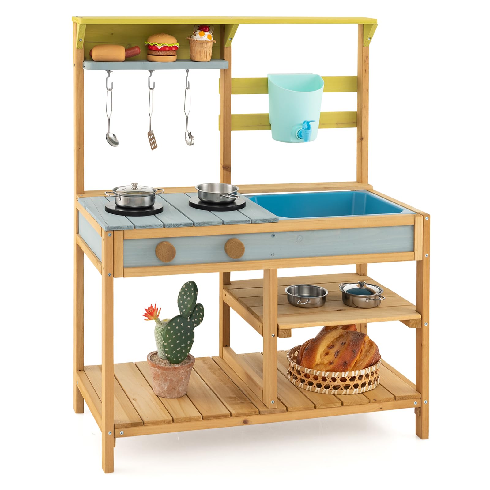 Costzon Wooden Kids Play Kitchen, Outdoor Mud Kitchen with Removable Sink, Water Box & Faucet