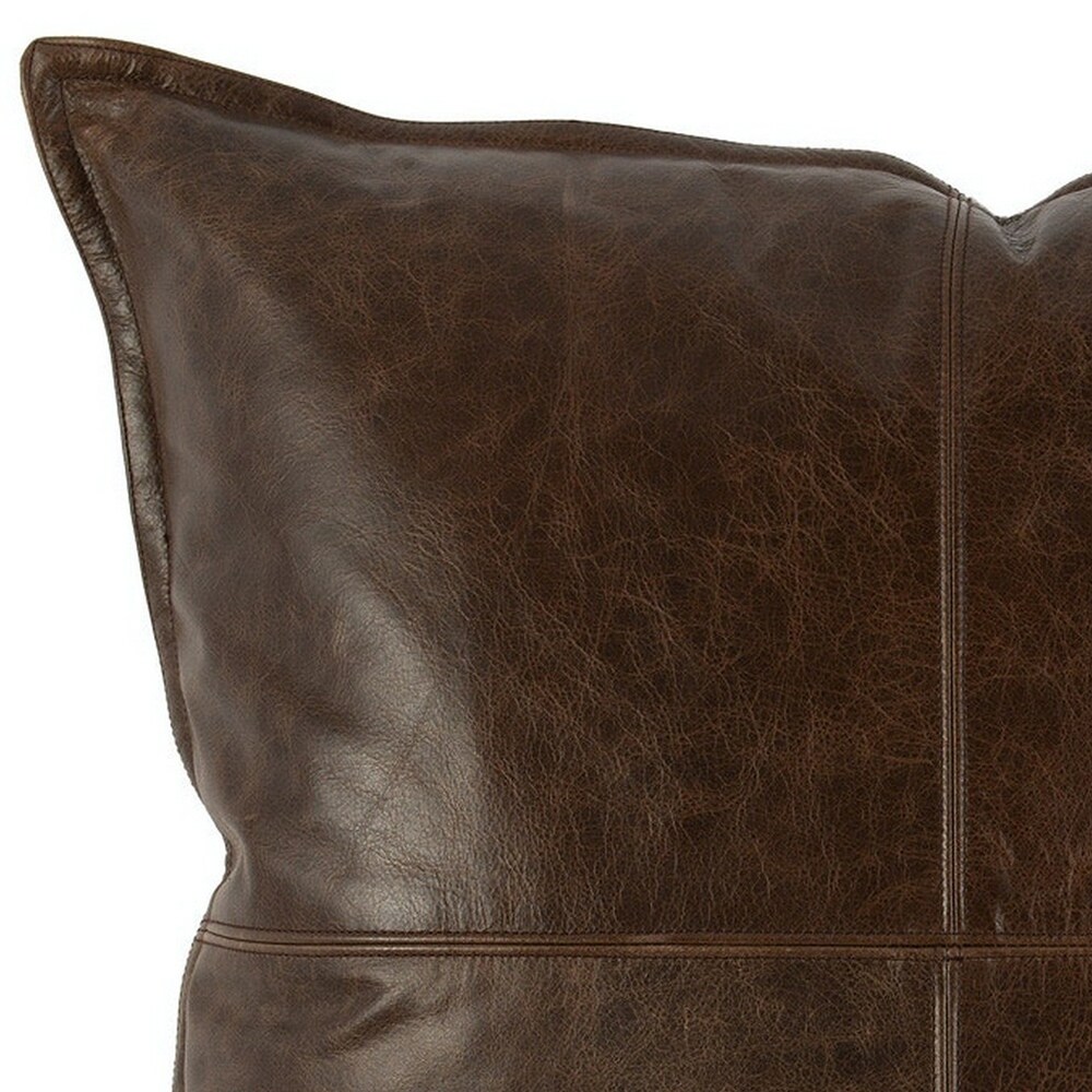 Square Leatherette Throw Pillow with Stitched Details  Dark Brown