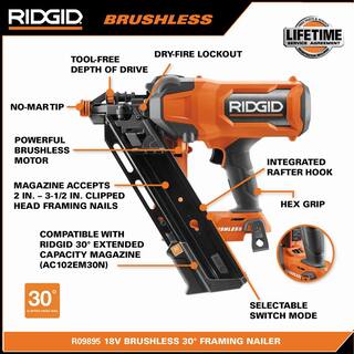 RIDGID 18V Brushless Cordless 30 3-12 in. Framing Nailer with 18V 6.0 Ah MAX Output Lithium-Ion Battery R09895B-AC840060