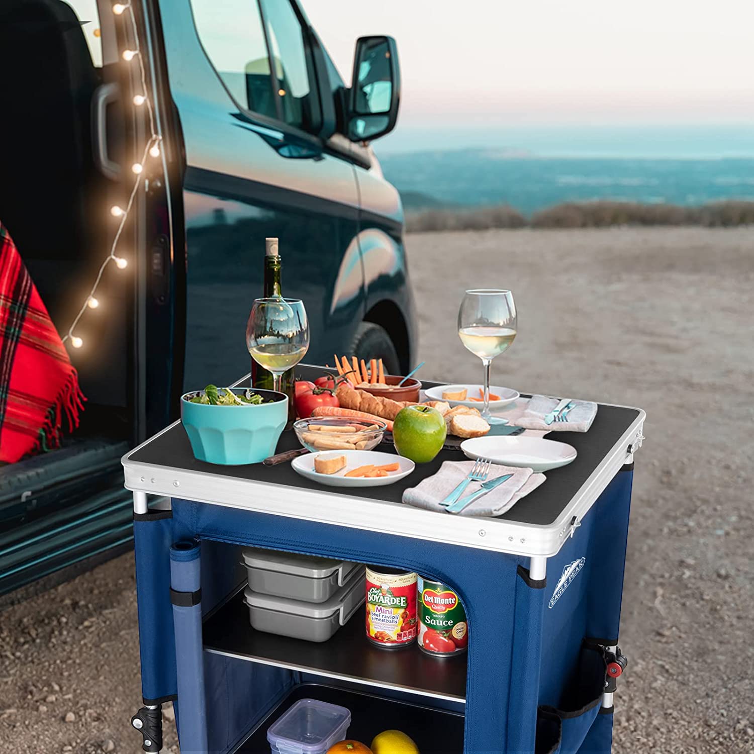 Eagle Peak Outdoor Camping Pop Up Folding Table with Large 3-Tier Storage Organizer and Side Pockets, Easy Set Up Portable Lightweight Aluminum Camping Kitchen, Blue