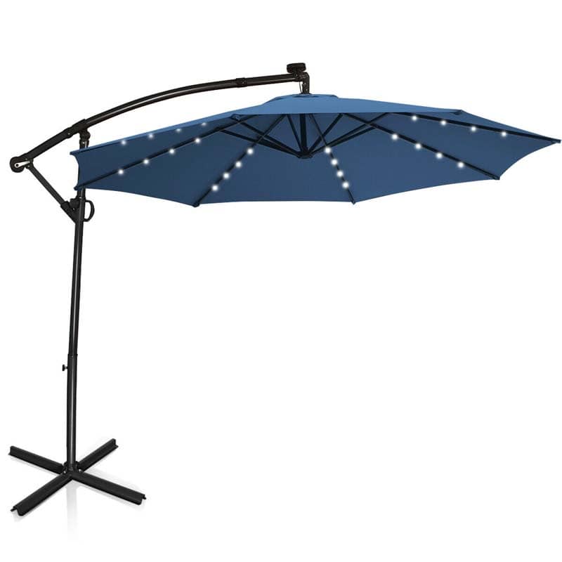 10 FT Patio Offset Umbrella with Solar Lights 360° Rotation Outdoor Market Umbrella with Crank Handle & Cross Base