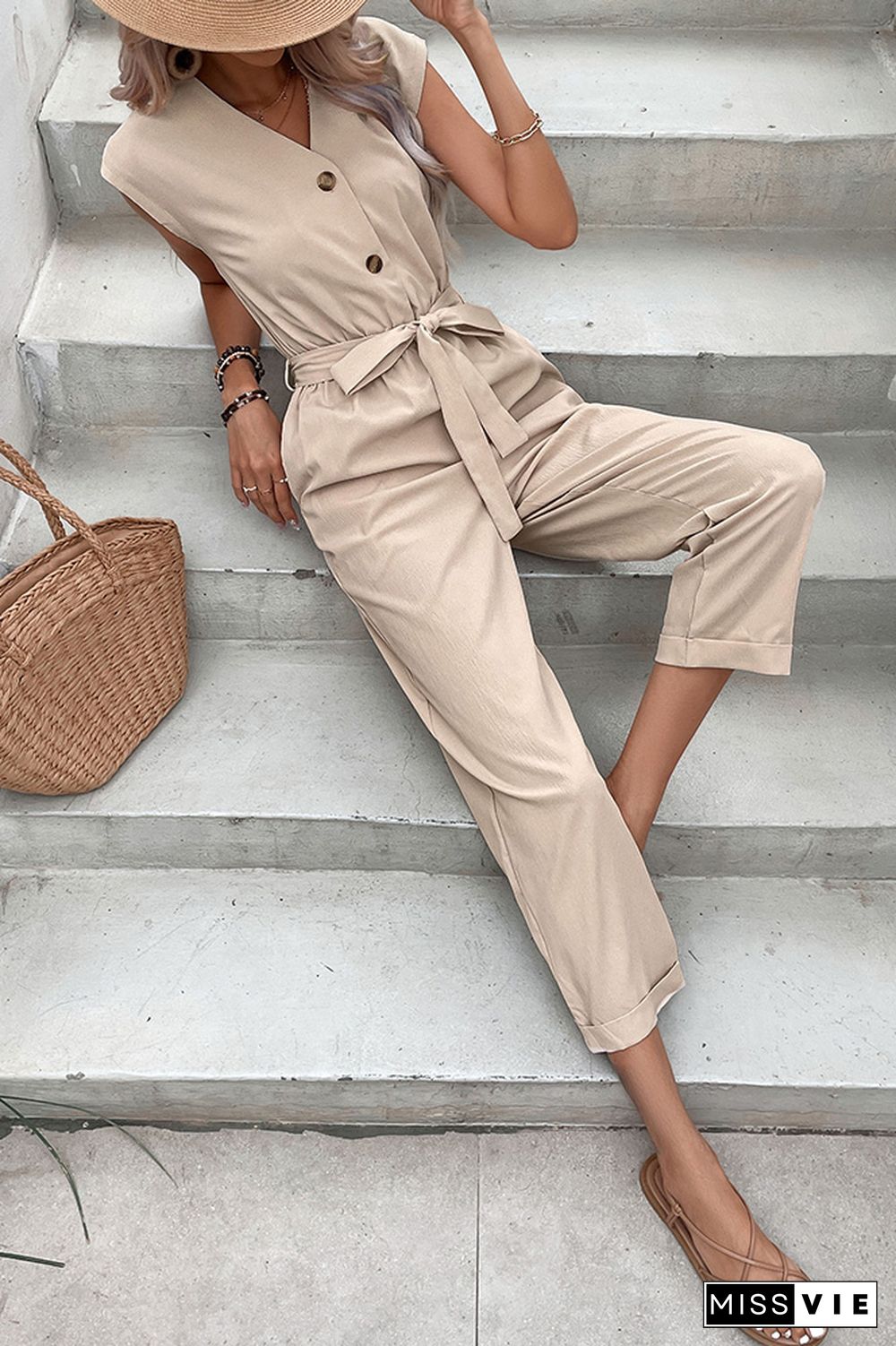 Apricot V Neck Buttoned Sleeveless Jumpsuit