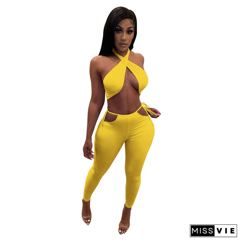 Bodycon Solid Color Wrap Top Pants Sexy 2 Piece Set