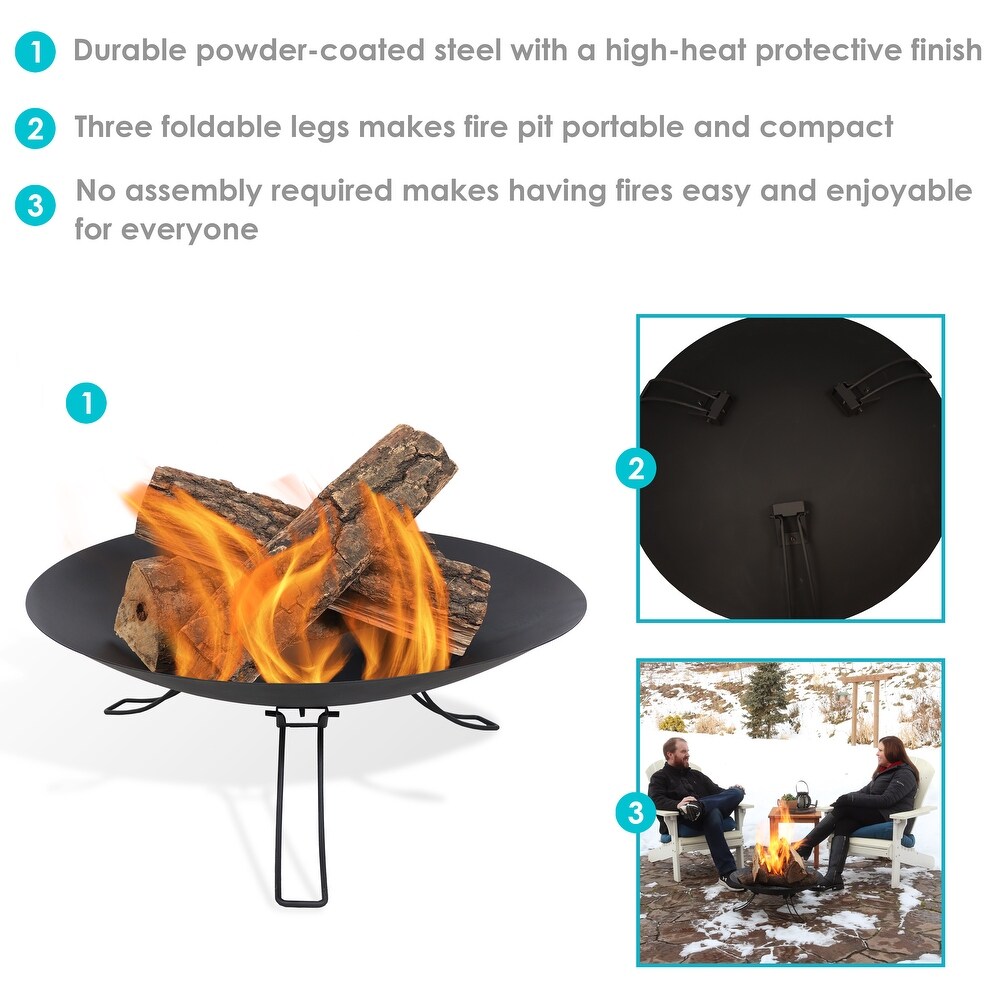 Sunnydaze Classic Ebony Raised Steel Folding 3 Leg Fire Pit Bowl   24\