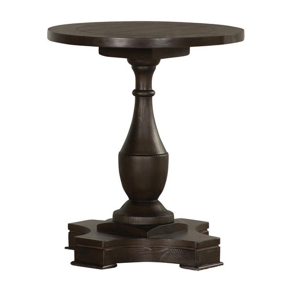 Aria 24 Inch Side End Table， Round Plank Top， Turned Pedestal， Dark Brown