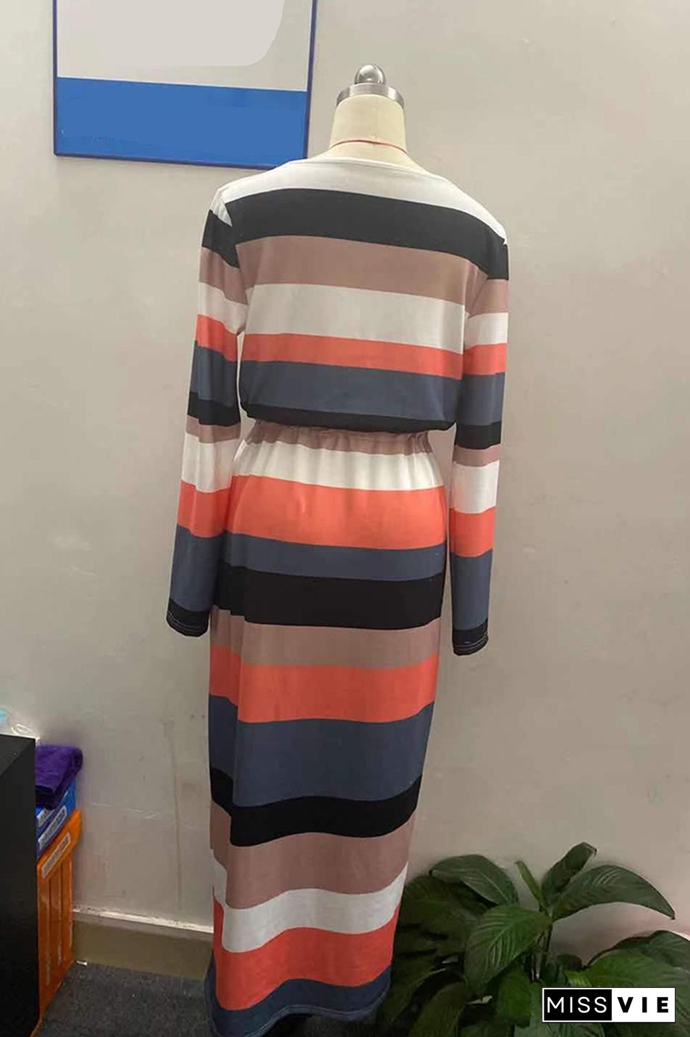 Colorful Stripe Drawstring Long Sleeve Dress Women Wholesale