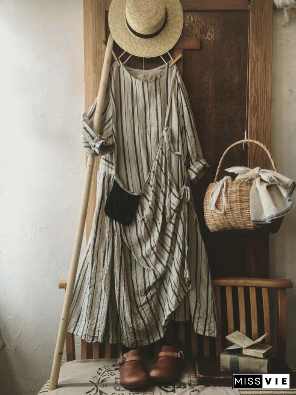 Vintage Striped Plus Size Long Sleeve Casual Weaving Dress