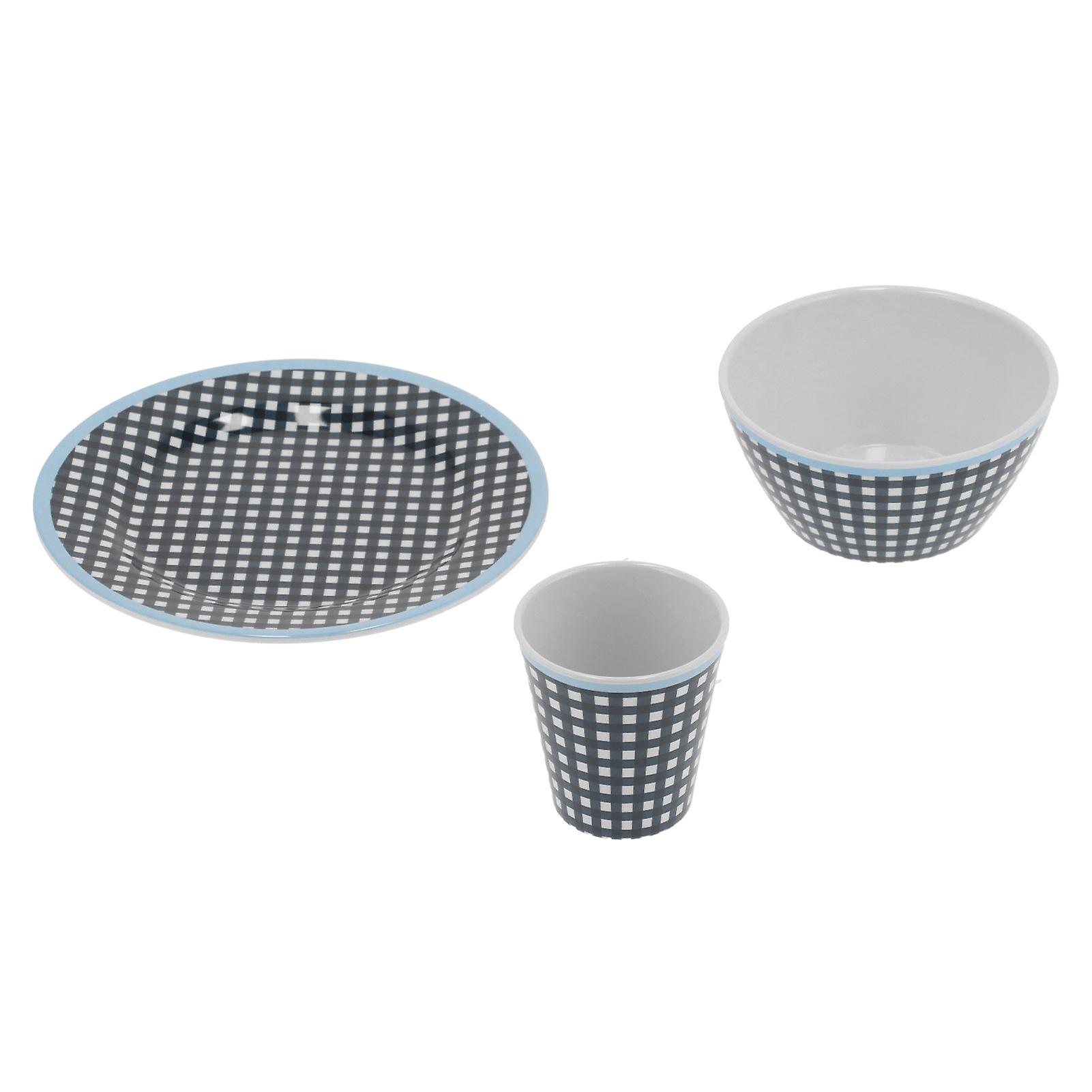 Household Tableware Fruit Salad Plate Bowl Cup Set Dark Blue Grid Pattern for Home Restaurant