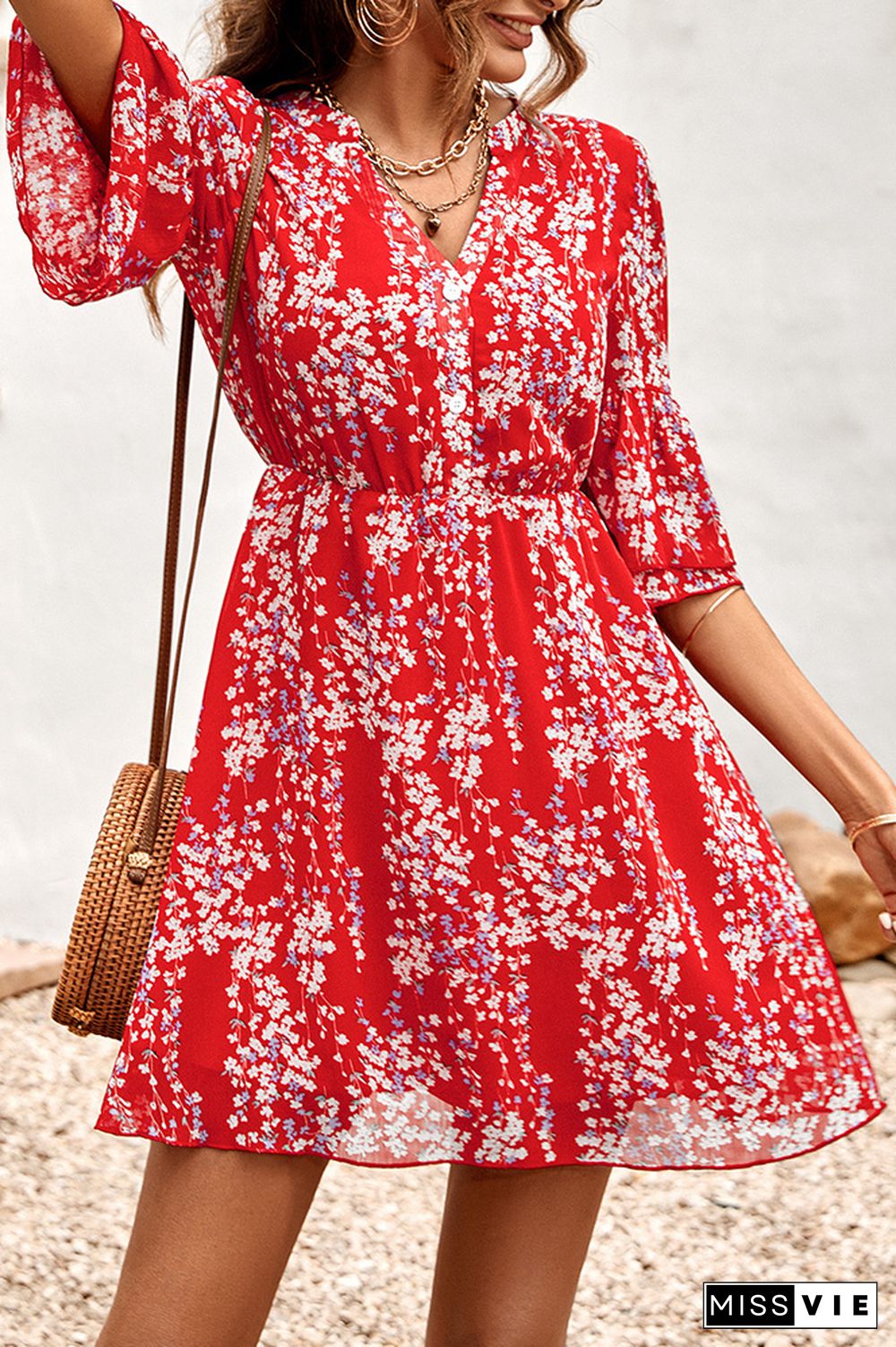 V Neck Buttoned Down High Waist Floral Dress