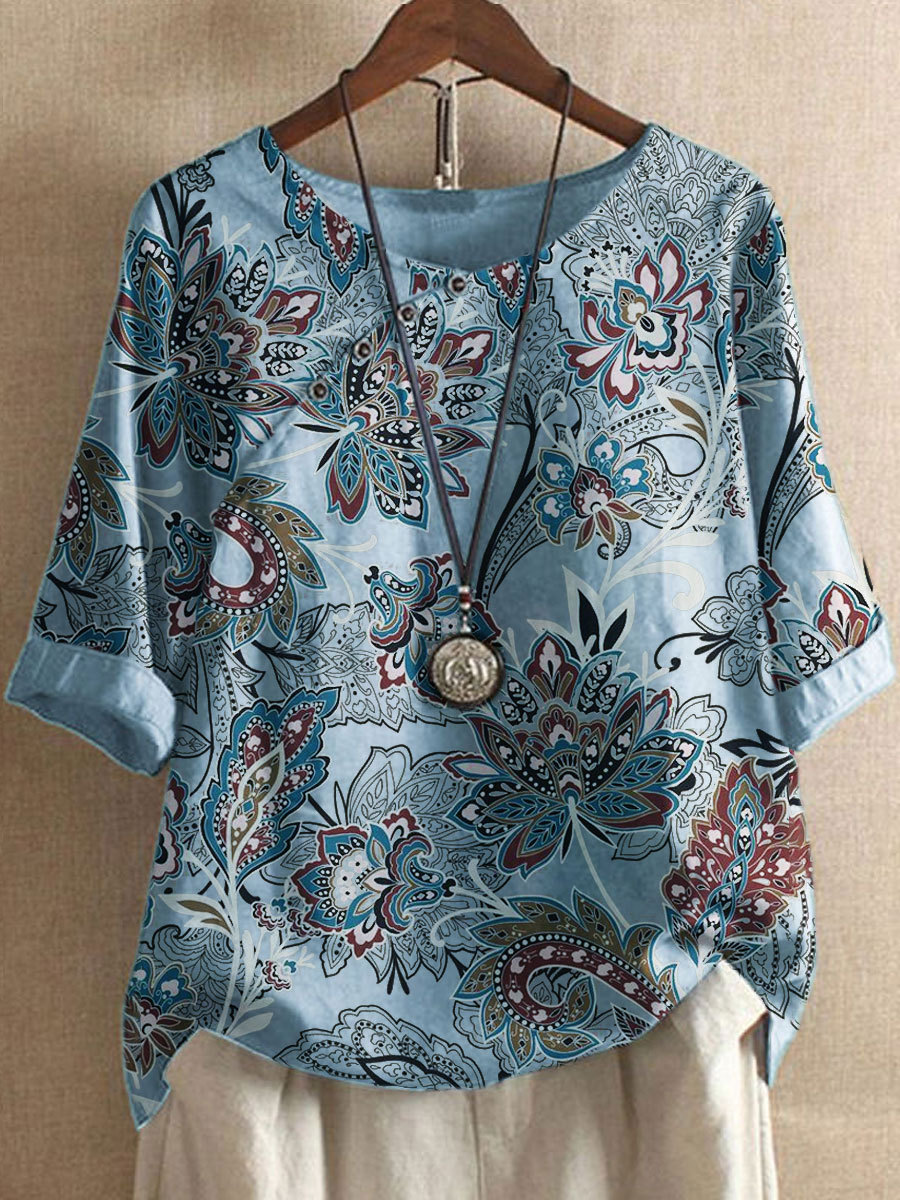 Round Neck Casual Loose Paisley Print Short Sleeve Blouse