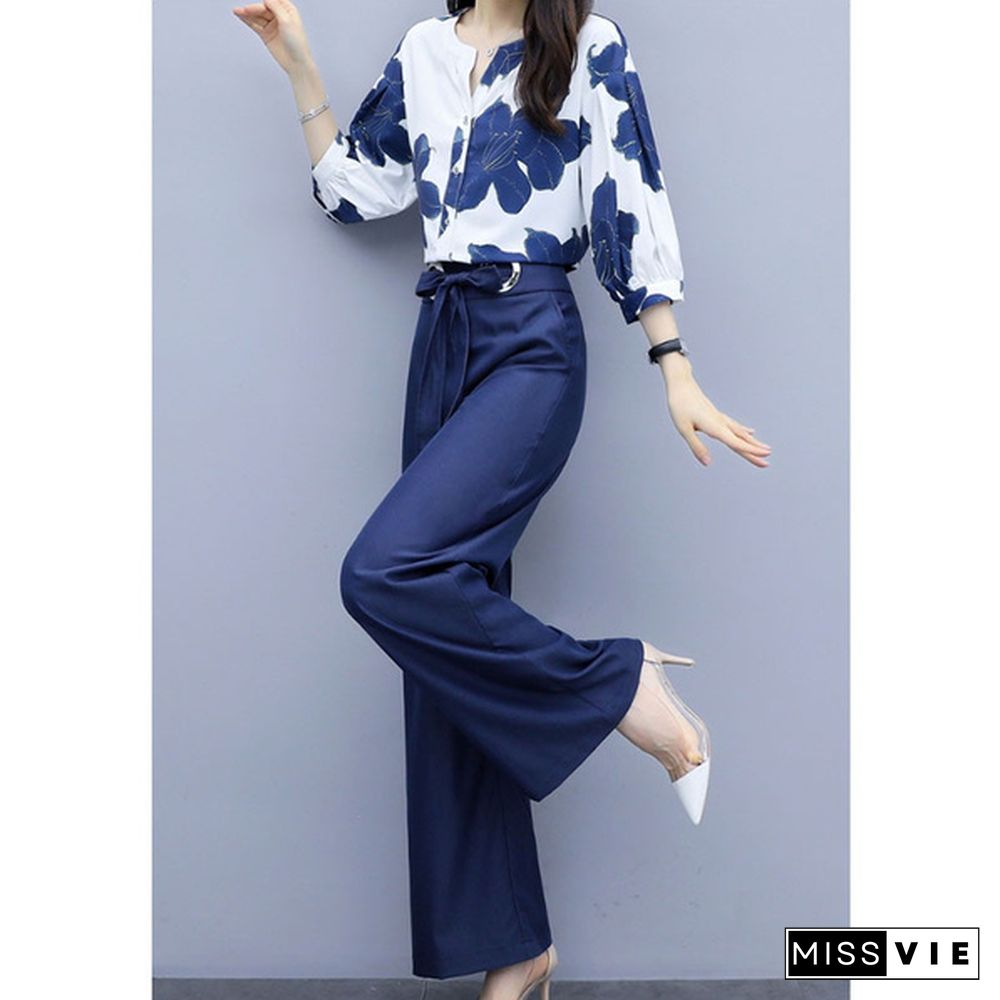 Spring Summer Chiffon Floral Print Two Piece Sets Women Blouses And Wide Leg Pants Suits Elegant Fashion Office Ladies Outfits