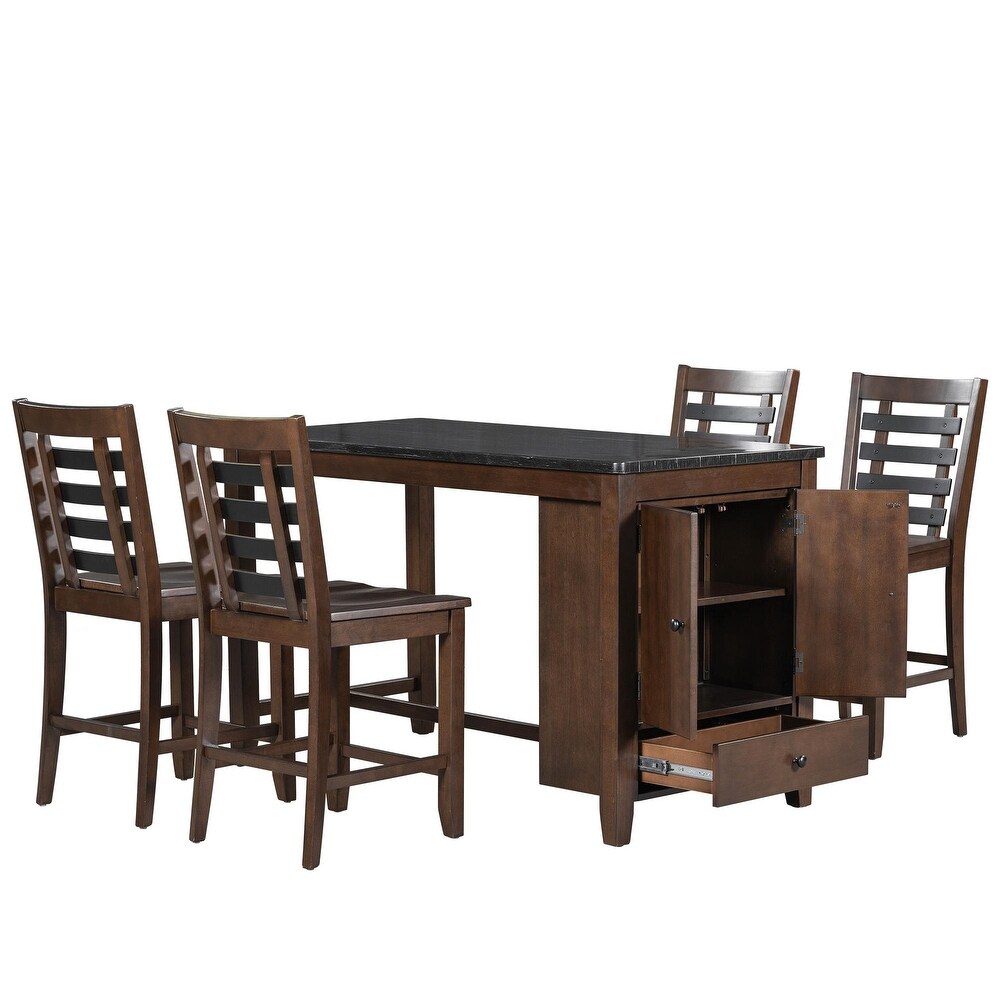 5 Piece Dining Set with Faux Marble Tabletop  Solid Wood  and Storage