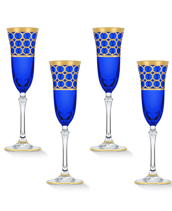 Lorren Home Trends Cobalt Blue Champagne Flutes with Gold-Tone Rings Set of 4