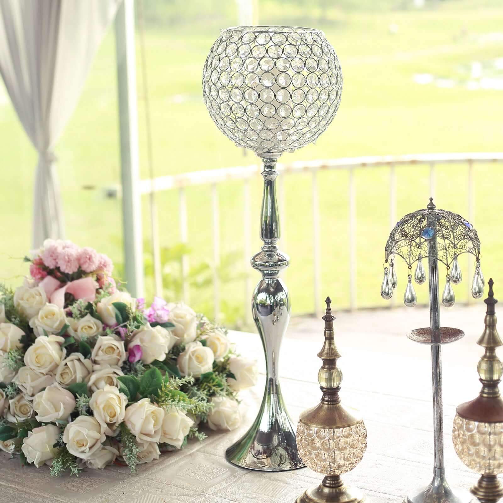 Silver Metal Acrylic Crystal Goblet Candle Holder, Flower Ball Stand 30