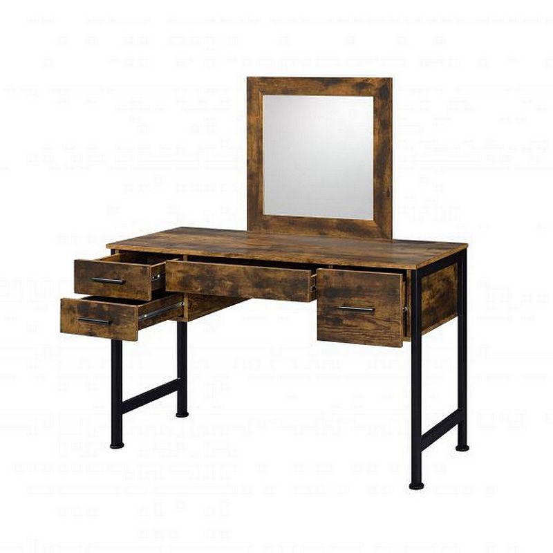 Vanity Desk with 4 Drawers and Square Mirror， Brown and Black