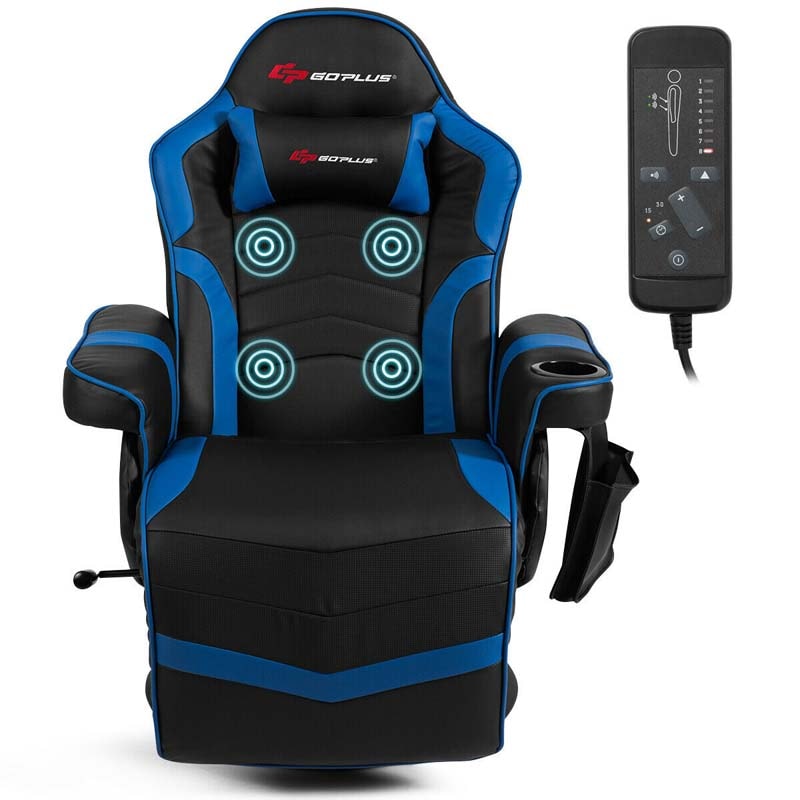 PU Leather Massage Gaming Chair, Ergonomic High Back Racing Style Gaming Recliner with Adjustable Backrest & Footrest, Cup Holder, Side Pouch