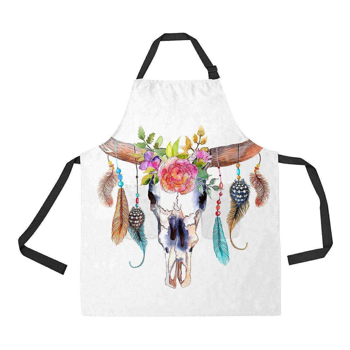 Watercolor Bull Skull Flowers Feathers Apron Home Kitchen Apron With Pockets