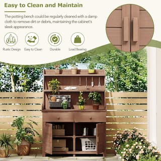 65 in. x 23 in. x 47 in. Outdoor Garden Wood Plant Stand Pots Plant Shelf with Storage Shelf Drawer  Cabinet Brown JX-SP100019AAD