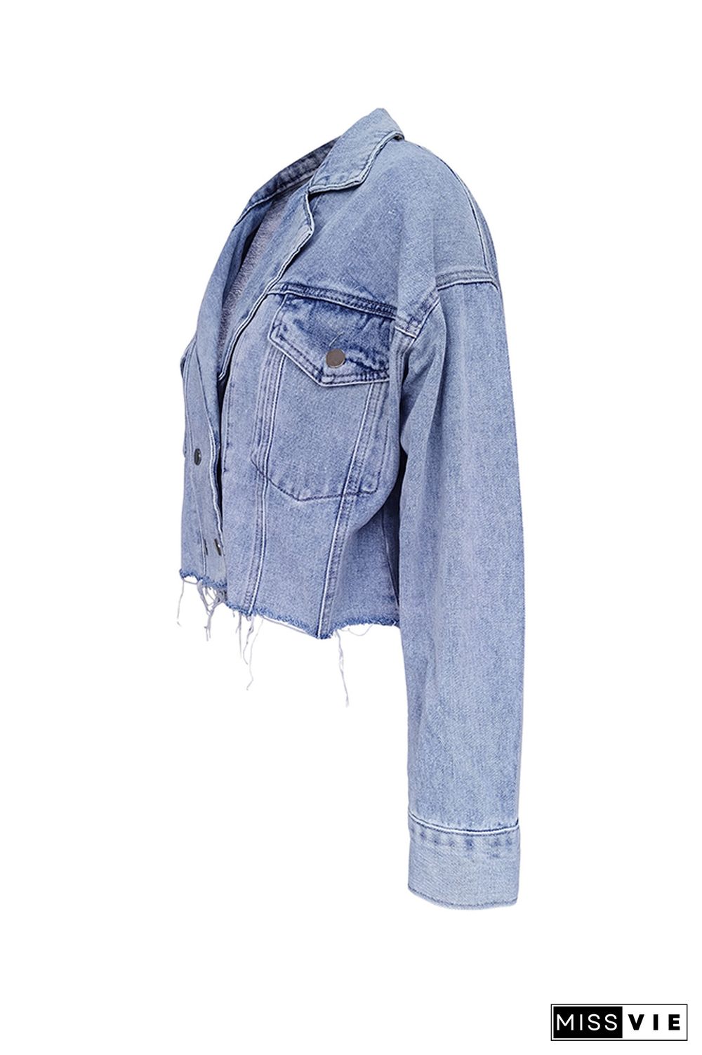 Blue Lapel Collar Raw Hem Button Open Denim Jackets