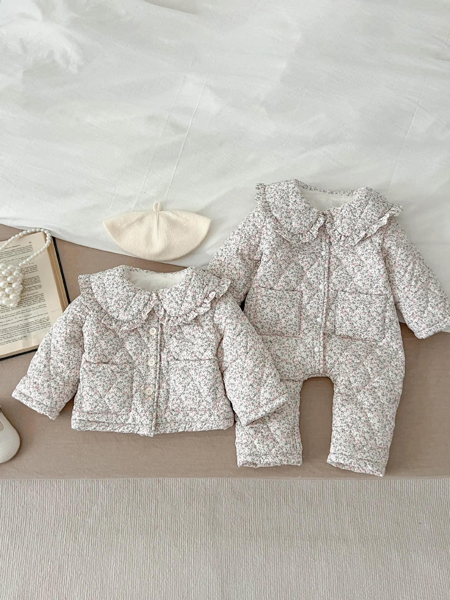 Winter New Baby Girl Warm Coat Cotton Infant Large Lapel Floral Padded Jacket Plus Velvet Thick Kids Cardigan Children Clothing