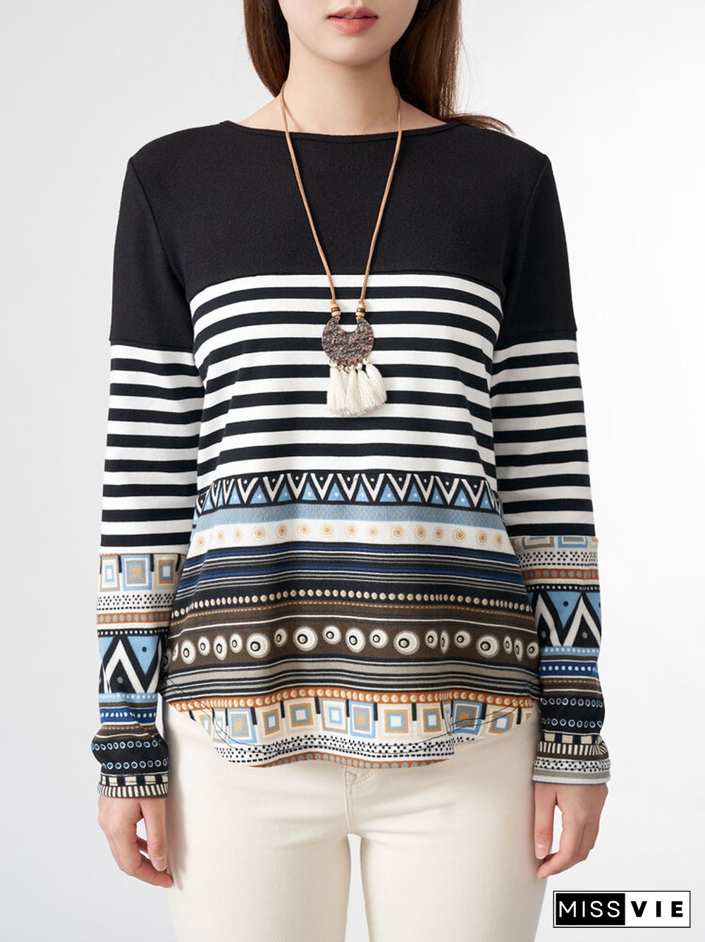 Stripe Tribal Pattern Long Sleeve Crew Neck Casual Sweatshirt