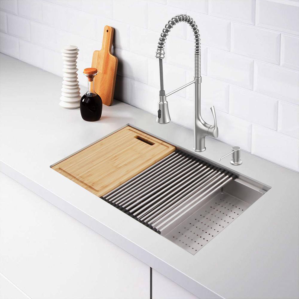 Glacier Bay AIO Zero Radius Undermount 18G Stainless Steel 33 in. 5050 Double Bowl Workstation Kitchen Sink with Spring Neck Faucet 4306F-2