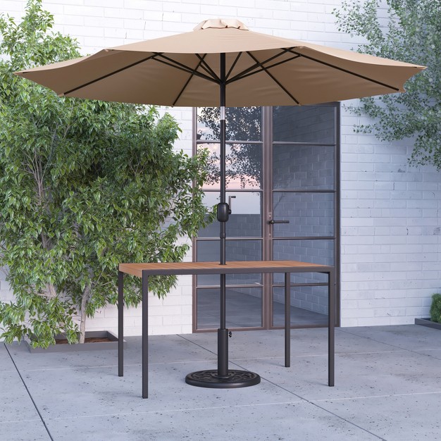 Merrick Lane Outdoor Powder Coated Steel Dining Table With Faux Teak Poly Slat Top 9 x27 Patio Umbrella And Base