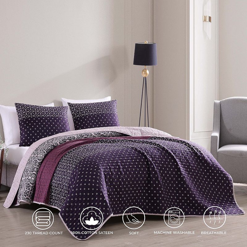 Bebejan Cordon Purple 100% Cotton 3-piece Reversible Quilt Set