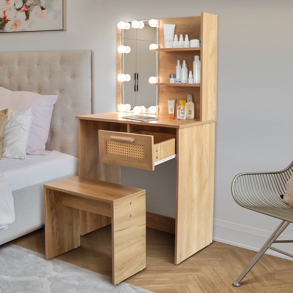 Vanity Desk Set Stool   Dressing Table with LED Lighting Mirror Drawer and Compartments Modern Wood Cosmetic Table