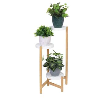 AESOME 3-Tier Bamboo Plant Stand 31.5 in. Tall Flower Pot Display Shelf Holder Nordic Style Wooden Rack with White Shelves HJ456S