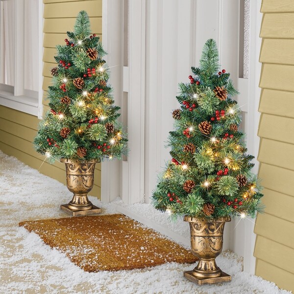 36inch LED Lighted Artificial Evergreen Tree with GoldTone Planter