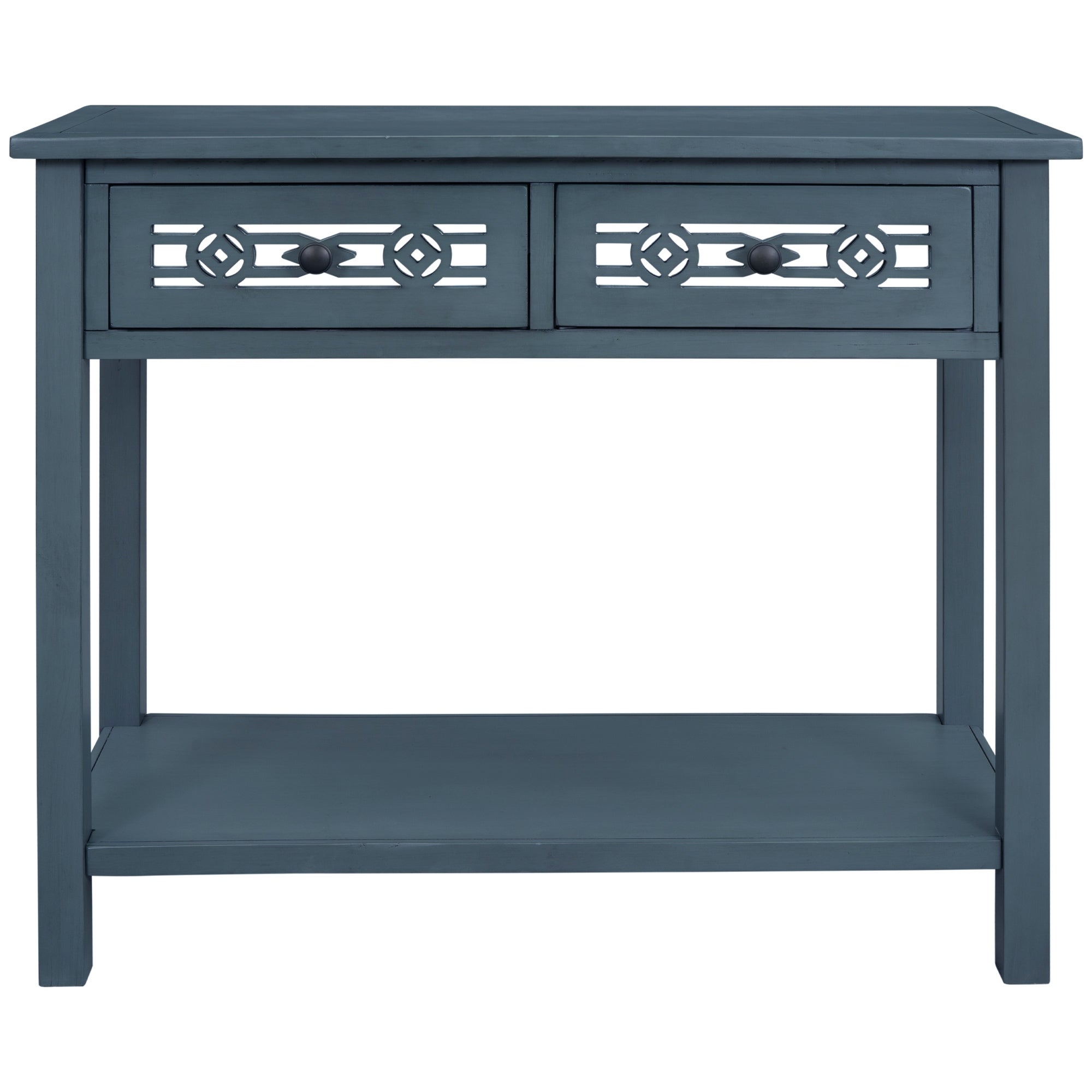 Classic Console Table with Hollow-out Decoration Two Top Drawers and Open Shelf Large Storage Space