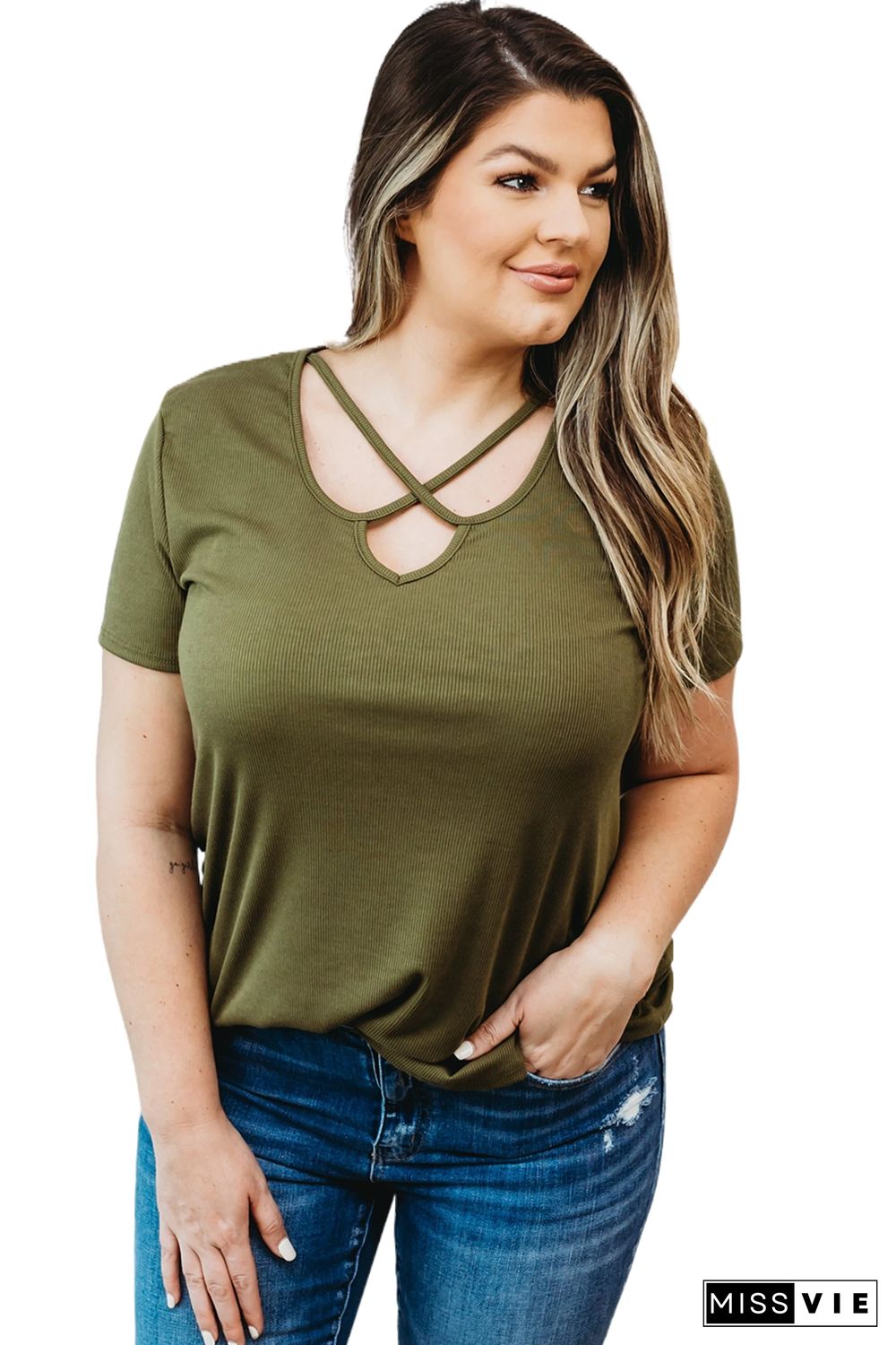 Army Green Plus Size Crisscross Ribbed Knit T-shirt