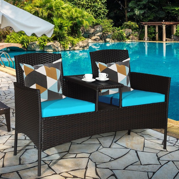 Costway Patio Rattan Conversation Set Loveseat Sofa Cushioned Coffee Table Turquois red