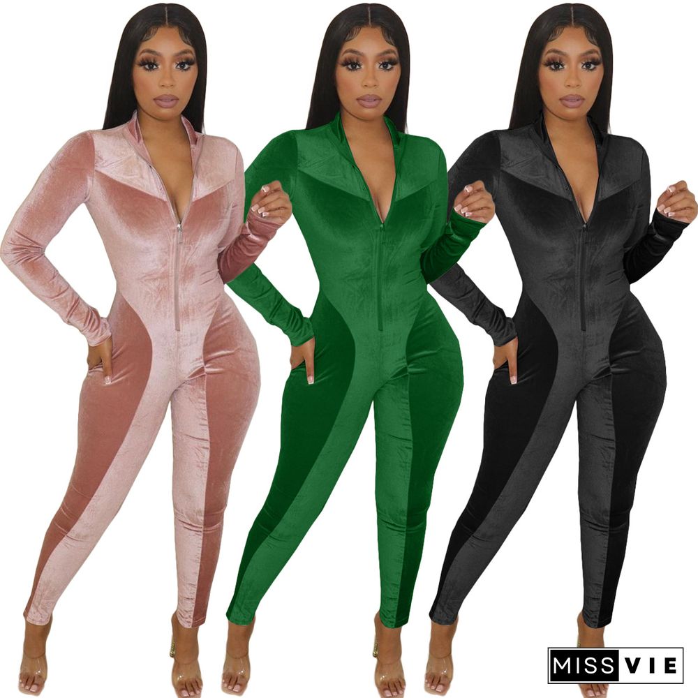 Velvet Patchwork Front Zipper Bodycon Jumpsuit