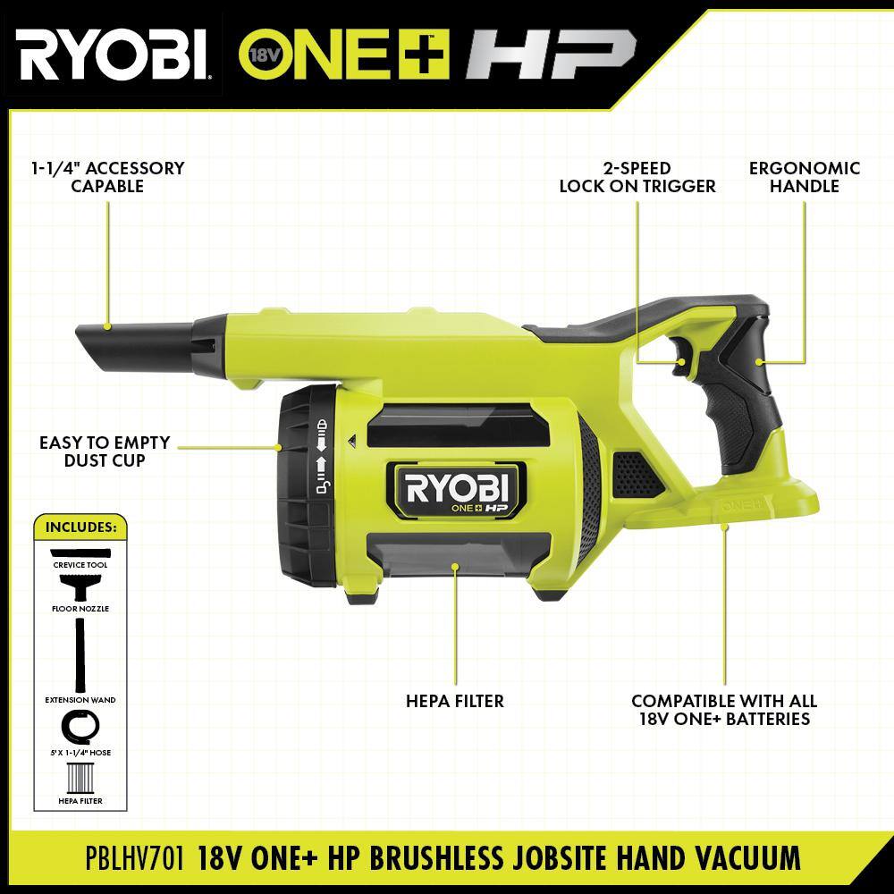 RYOBI ONE+ HP 18V Brushless Cordless Jobsite Hand Vacuum (Tool Only) PBLHV701B