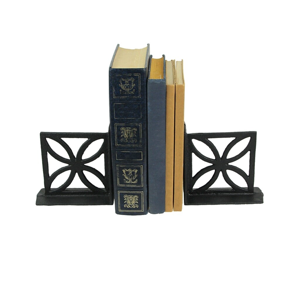 Zeckos Black Cast Iron Floral Breeze Block Bookends (Set Of 2)   5 X 5.25 X 2.25 inches