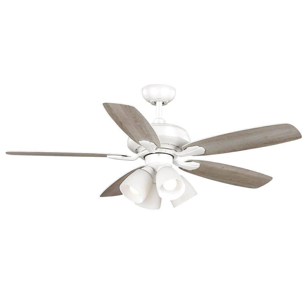 Hampton Bay Hollis 52 in Indoor LED Matte White Dry Rated Ceiling Fan with 5 Reversible Blades Light Kit and Remote Control