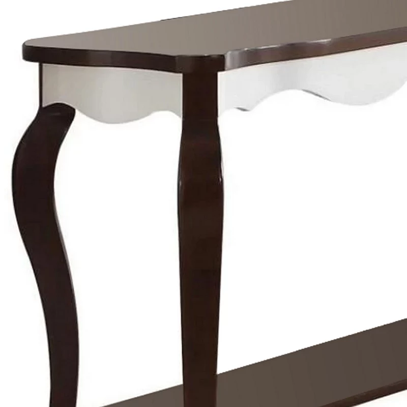 Rectangular Wooden Sofa Table with Cabriole Legs， Walnut Brown and White