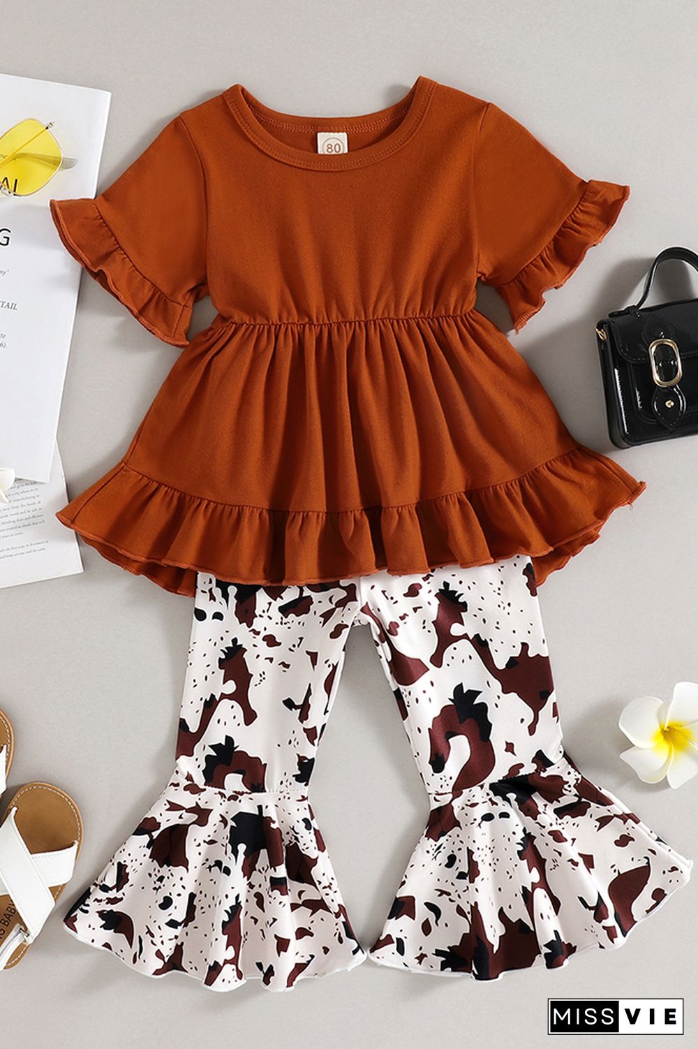 Brown Short Sleeve Top & Cow Print Flare Pants 2PCS Set Wholesale