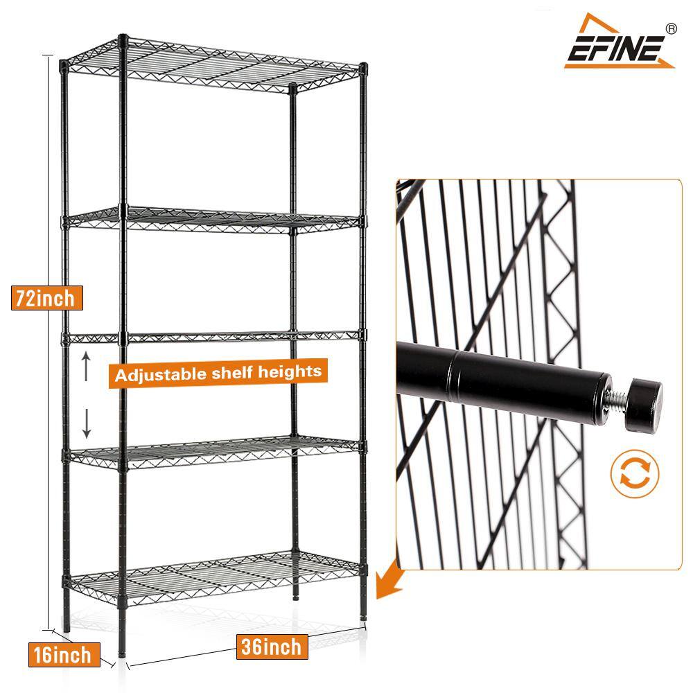 EFINE Black 5-Tier Carbon Steel Wire Garage Storage Shelving Unit NSF Certified (35.5 in. W x 71 in. H x 15.8 in. D) RL500-5