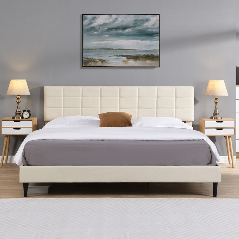 Beige Upholstered Platform Bed with Fabric Upholstered Headboard and Wooden Slats