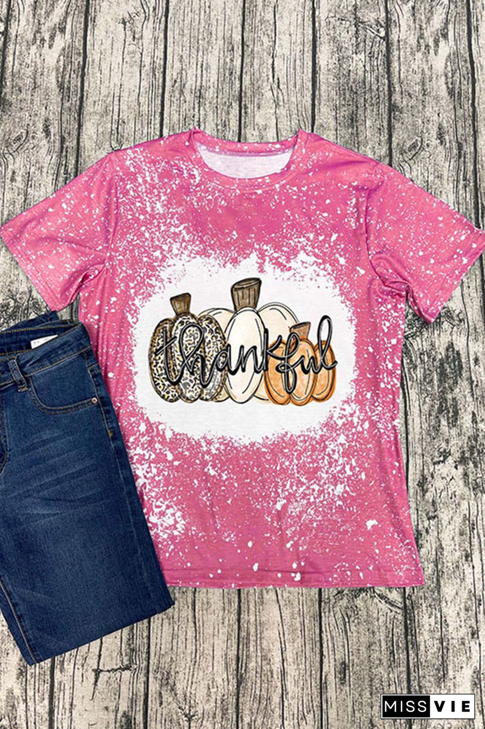 Thanksgiving,Thankful Pumpkin Bleached Graphic Tee Wholesale