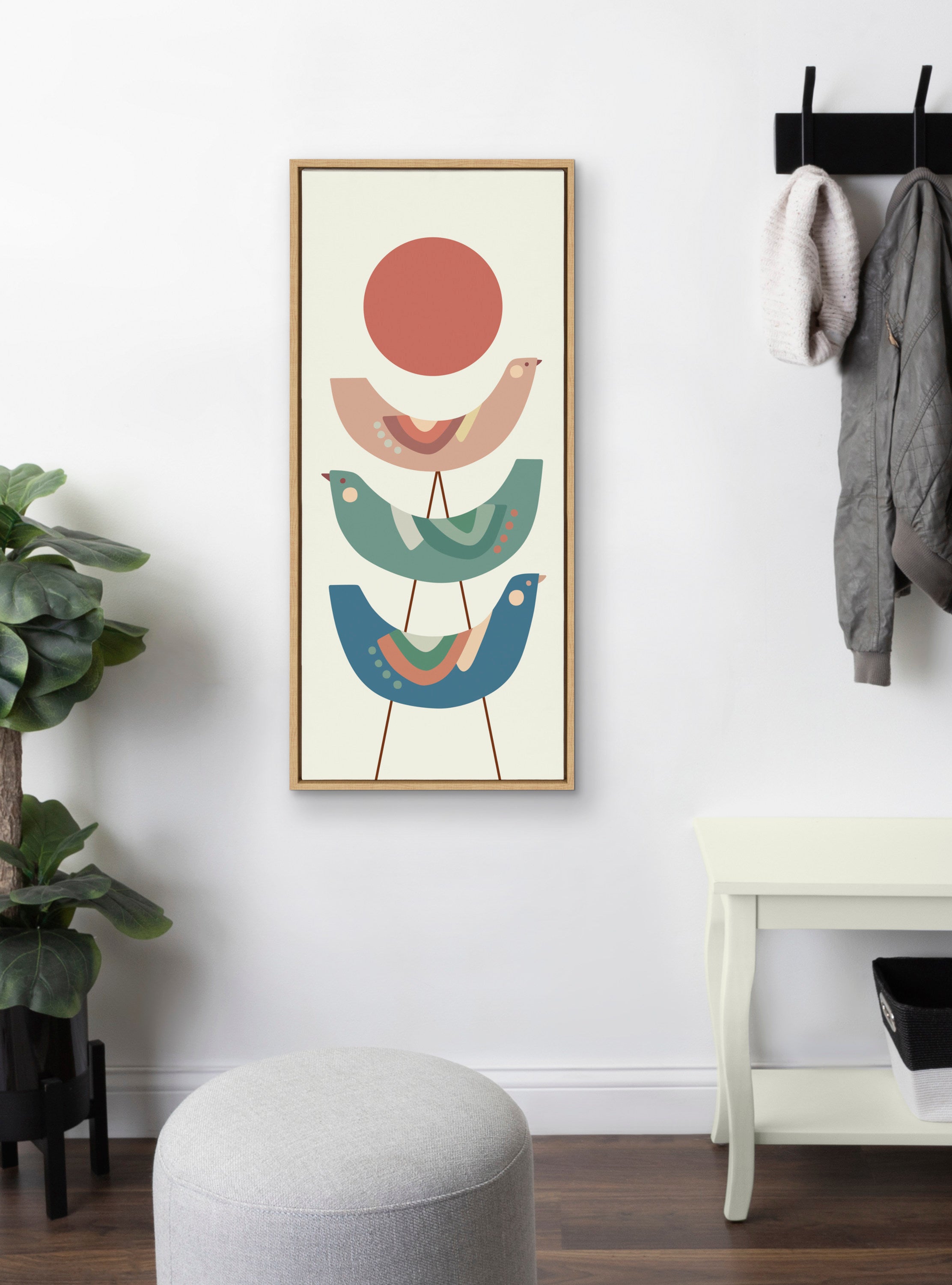 Kate and Laurel Sylvie Under the Sun Framed Canvas Wall Art by Rachel Lee of My Dream Wall 18x40 Natural Colorful Mid Century Bird Art for Wall