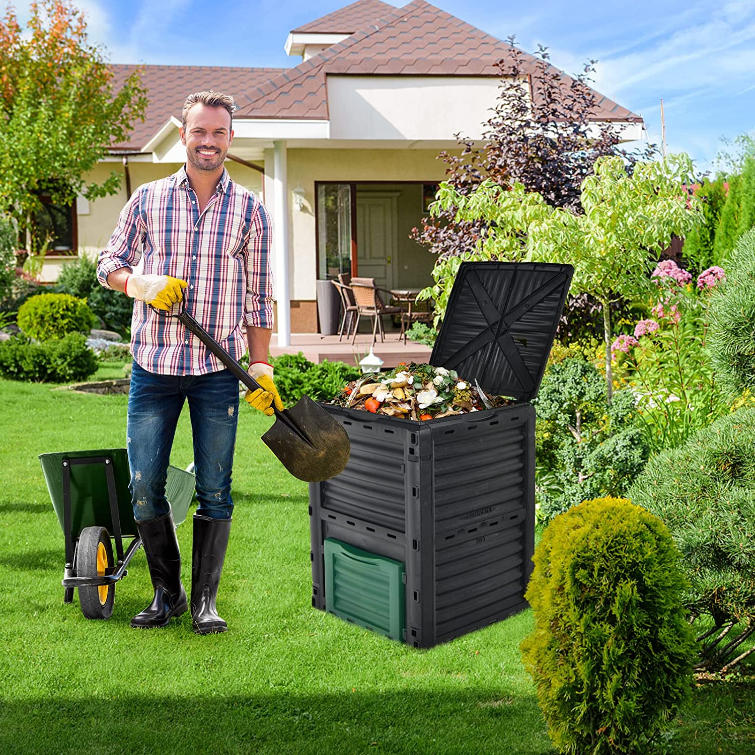 Goplus Compost Bin, 80 Gallon (300 L) Large Outdoor Composting Box w/Top Flip Latch-on Lid, Bottom Exit Door, BPA Free Material, Grass Food Trash Composter Barrel for Garden Yard, Easy Assembly