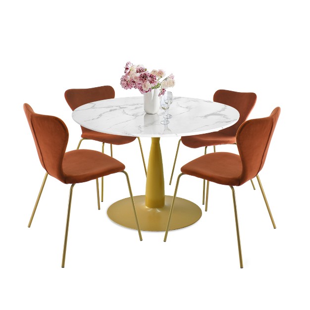 Harris flavia 5 piece Round shaped Artificial Marble Dining Table Set With 4 Velvet Upholstered Chairs Gold Legs the Pop Maison