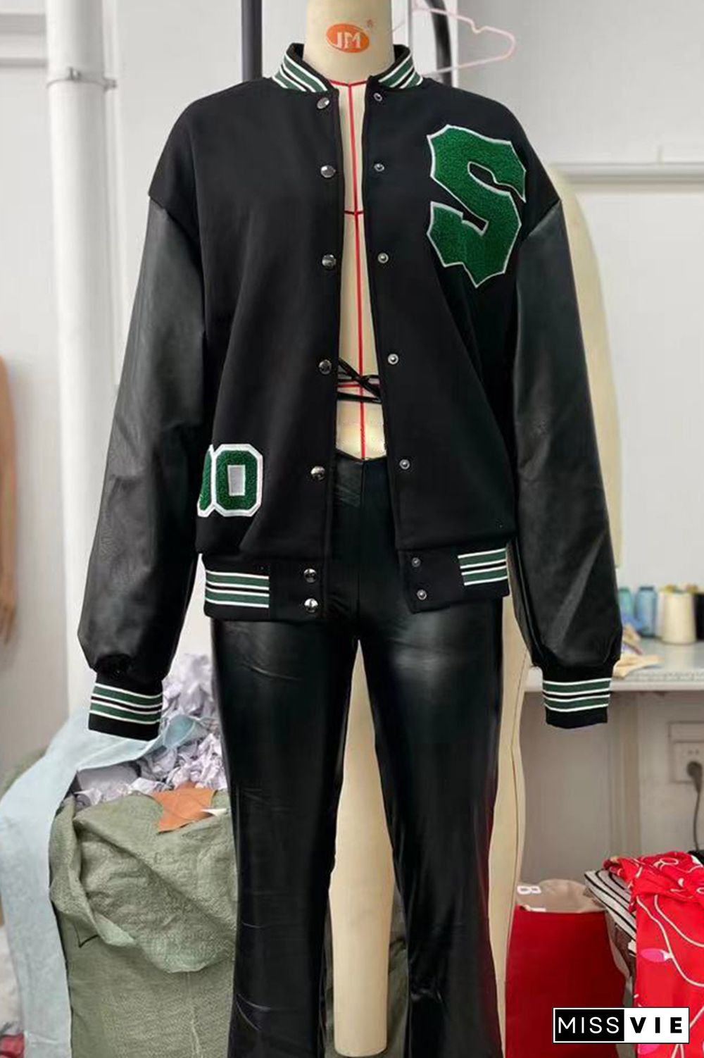 Letter Patchwork Open Button Baseball Jacket