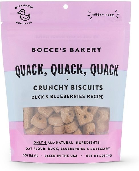 Bocce's Bakery Everyday Quack Quack Quack Biscuits Crunchy Dog Treats， 5-oz bag